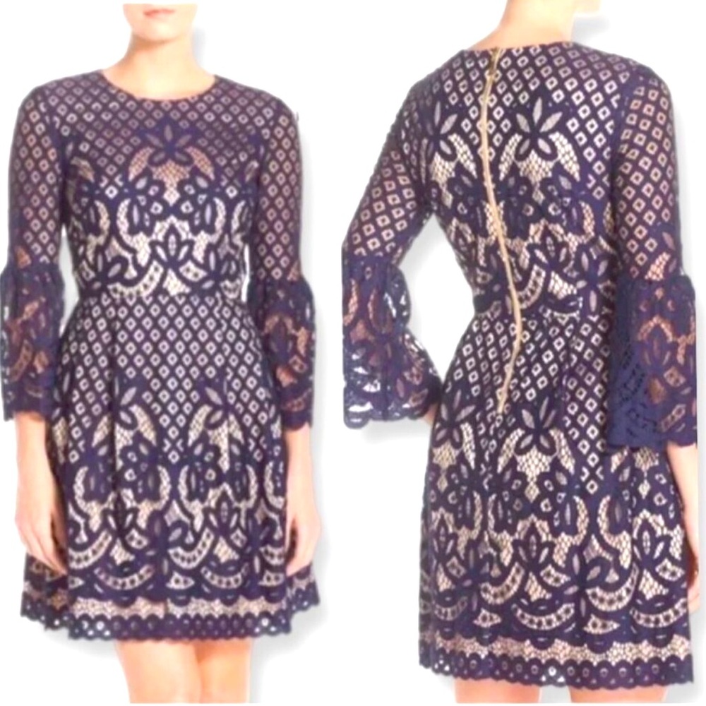 Eliza J Romantic Lace Bell Sleeve Cocktail Dress Navy Nude Sz 4